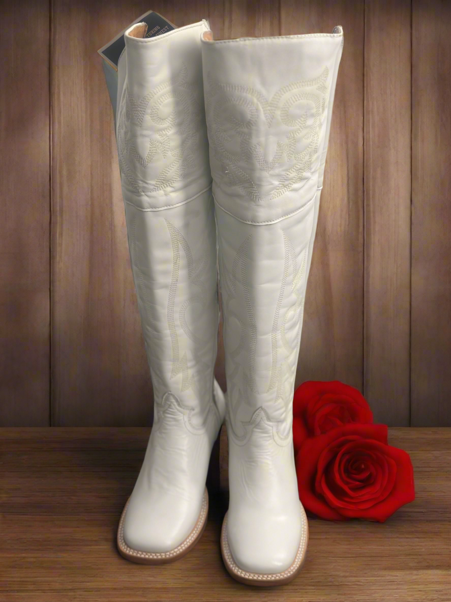 Jaqueline White Square Toe Knee High Western Boot (White)