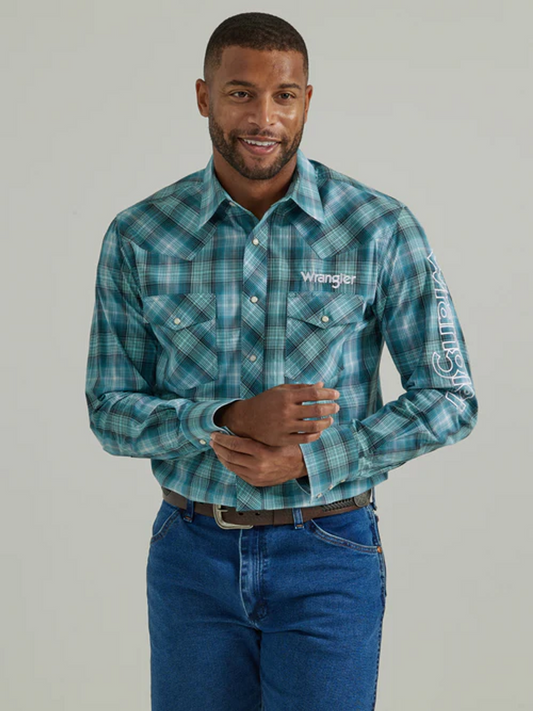 WRANGLER LOGO BLUE PLAID SNAP