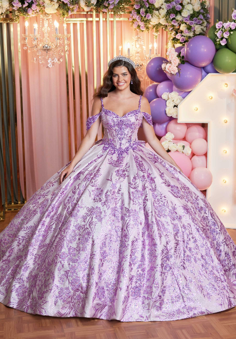 Floral Glitter Metallic Quinceañera Gown with Crumb Catcher Corset