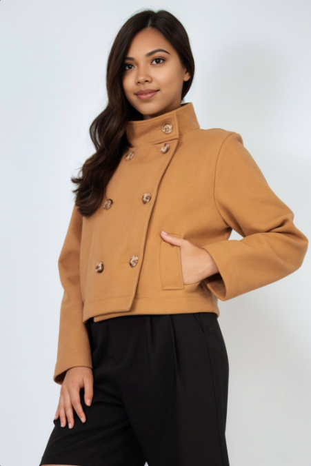 Double-Breasted Solid Crop Coat