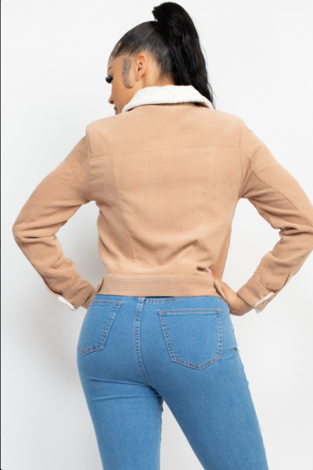 Faux Fur Collared Buttoned Corduroy Jacket