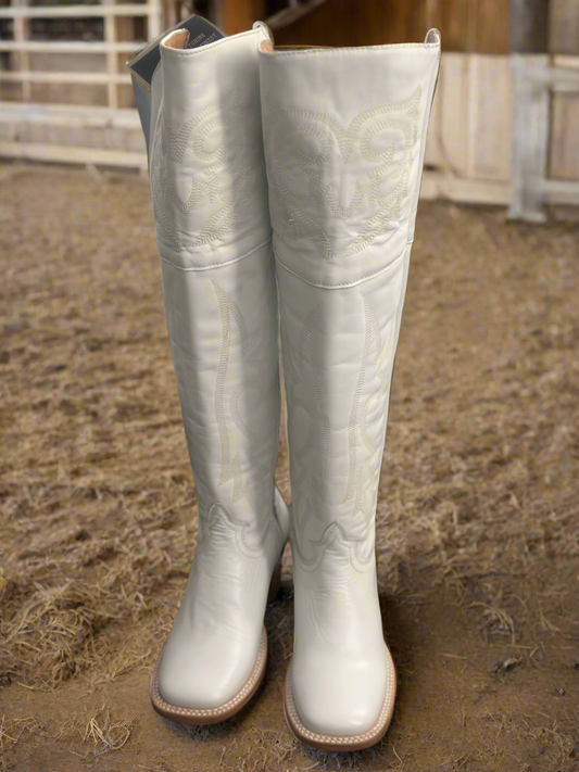 Jaqueline White Square Toe Knee High Western Boot (White)