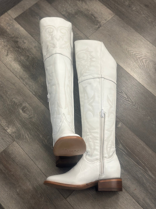 White Square Toe Knee High Western Boot