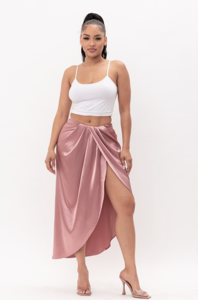 Satin Open Front Ruched Wrap Flare Maxi Skirt