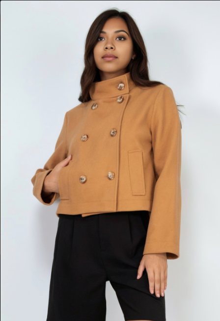 Double-Breasted Solid Crop Coat