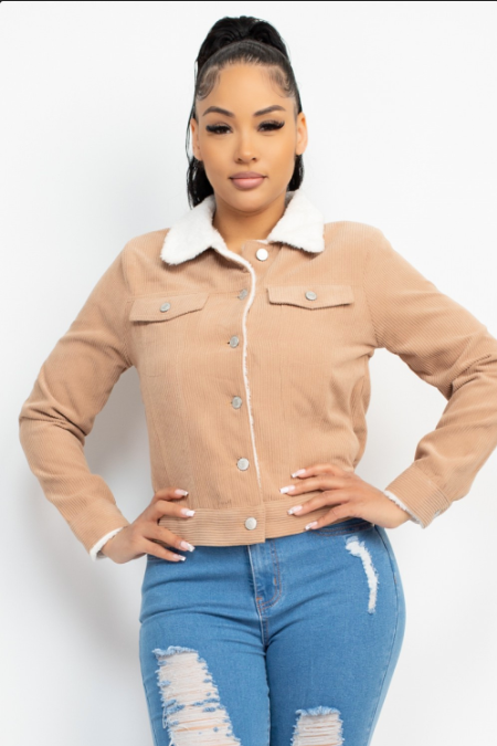 Faux Fur Collared Buttoned Corduroy Jacket