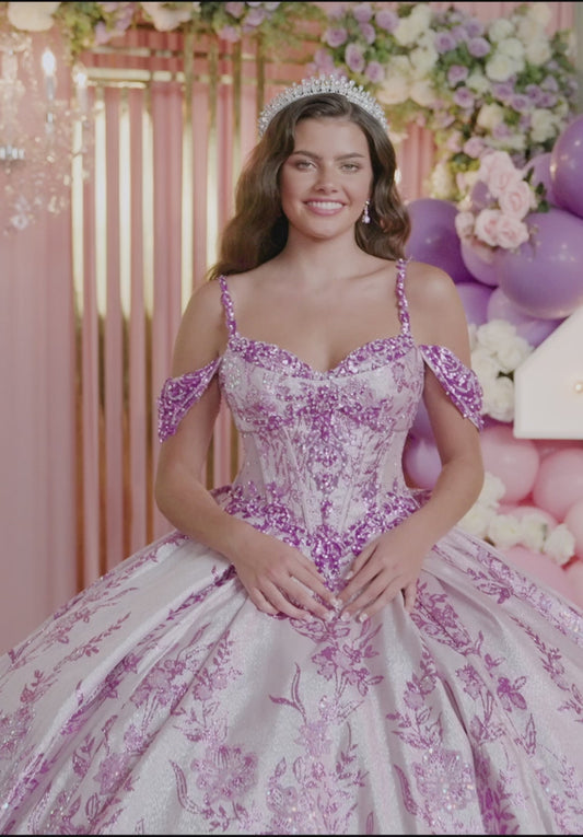 Floral Glitter Metallic Quinceañera Gown with Crumb Catcher Corset